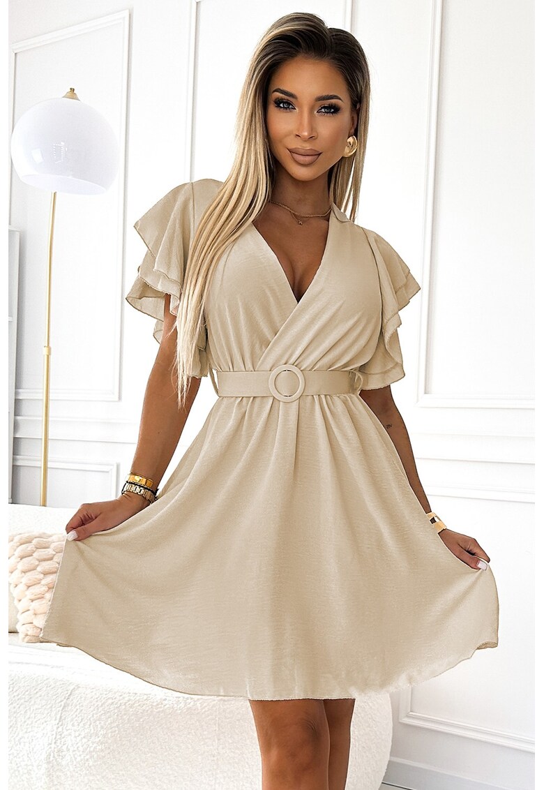 Rochie evazata cu decolteu petrecut si maneca fluture - Bej
