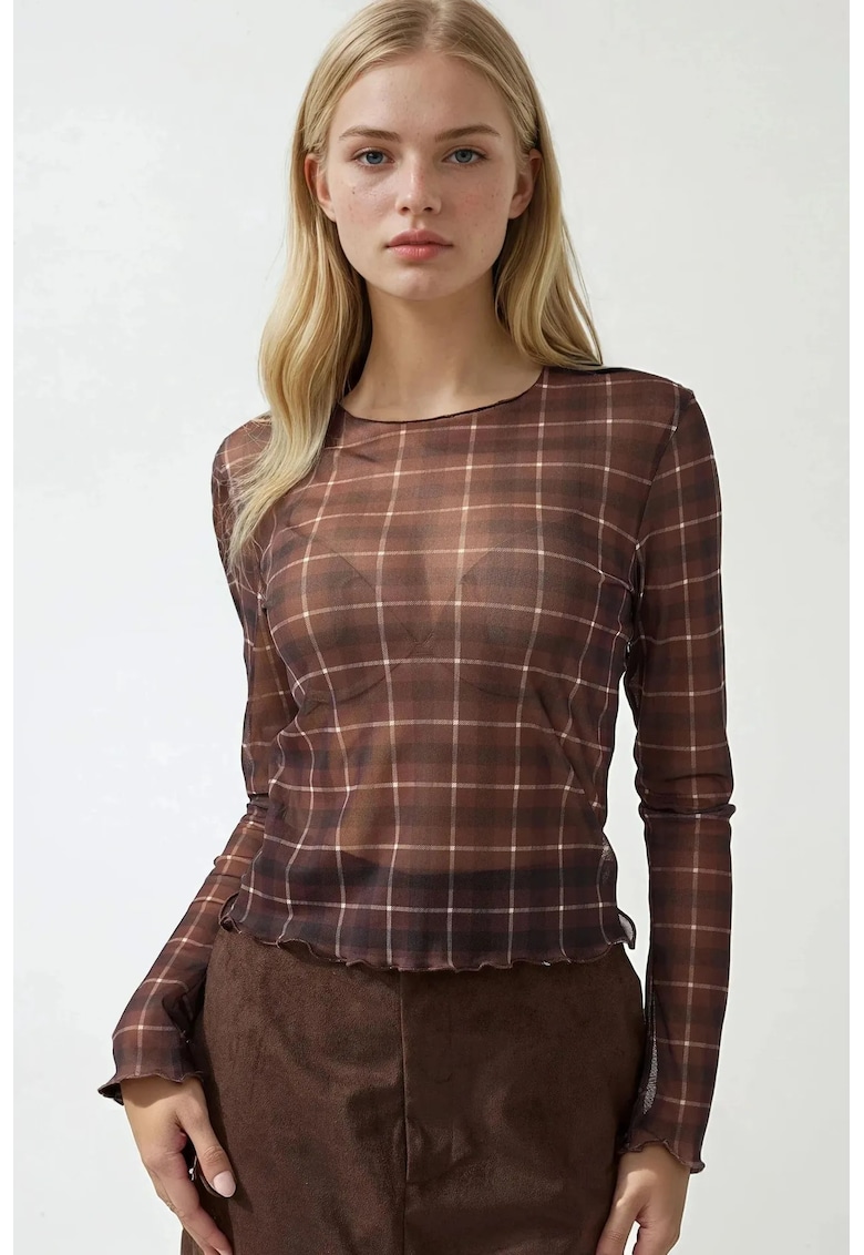 Bluza dama -  cu guler rotund - imprimeu - maro - jerseu