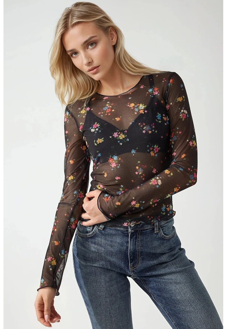 Bluza dama -  cu guler rotund - imprimeu - multicolor - jerseu