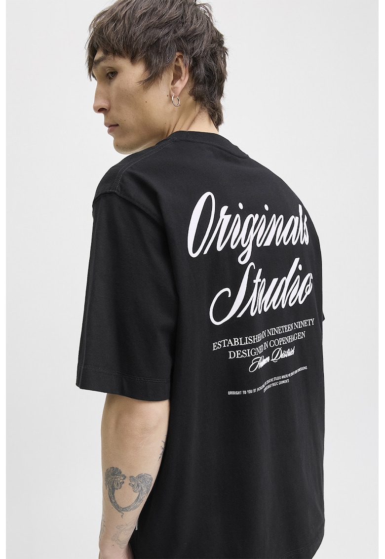 Tricou lejer de bumbac cu imprimeu logo - Negru