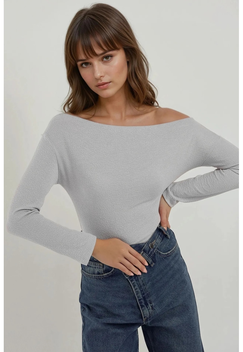 Bluza dama - cu maneca lunga si guler Carmen - dungi - gri - jerseu