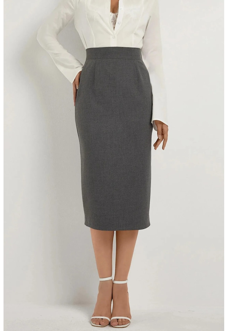 Fusta midi dama - talie inalta - croiala dreapta - textil - gri
