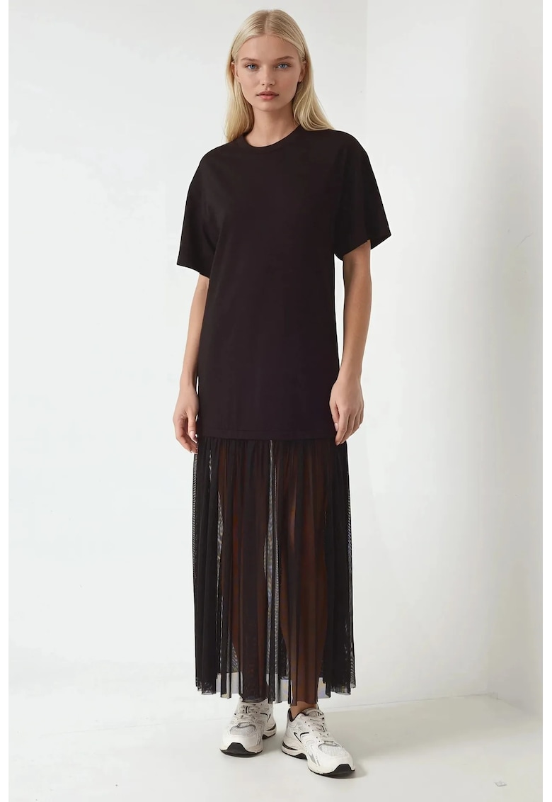 Rochie midi -  cu fusta din tul - confortabila - neagra - din jerseu