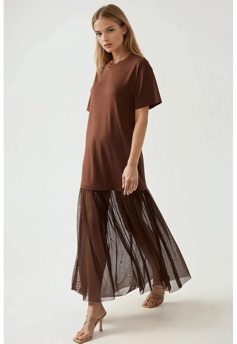 Rochie midi -  fusta din tul - confortabila - maro - jerseu