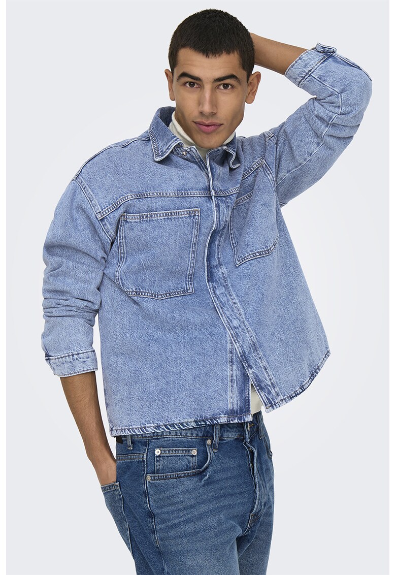 Jacheta de denim cu buzunare pe piept - Albastru melange