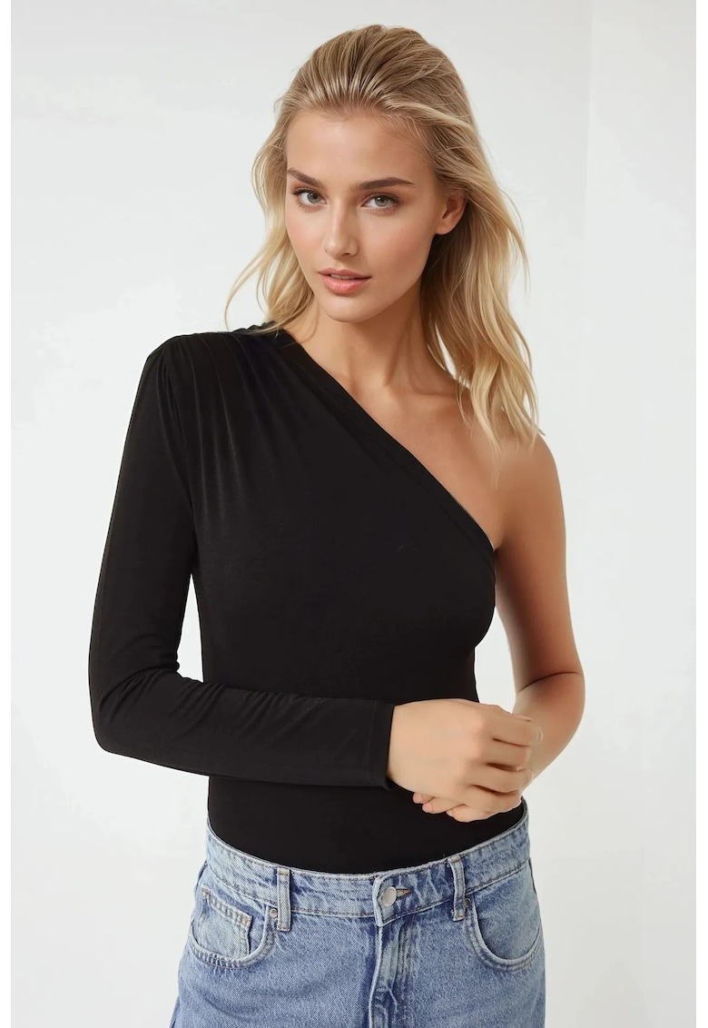 Bluza dama -  Body cu guler asimetric ajustat - Negru - Jerseu