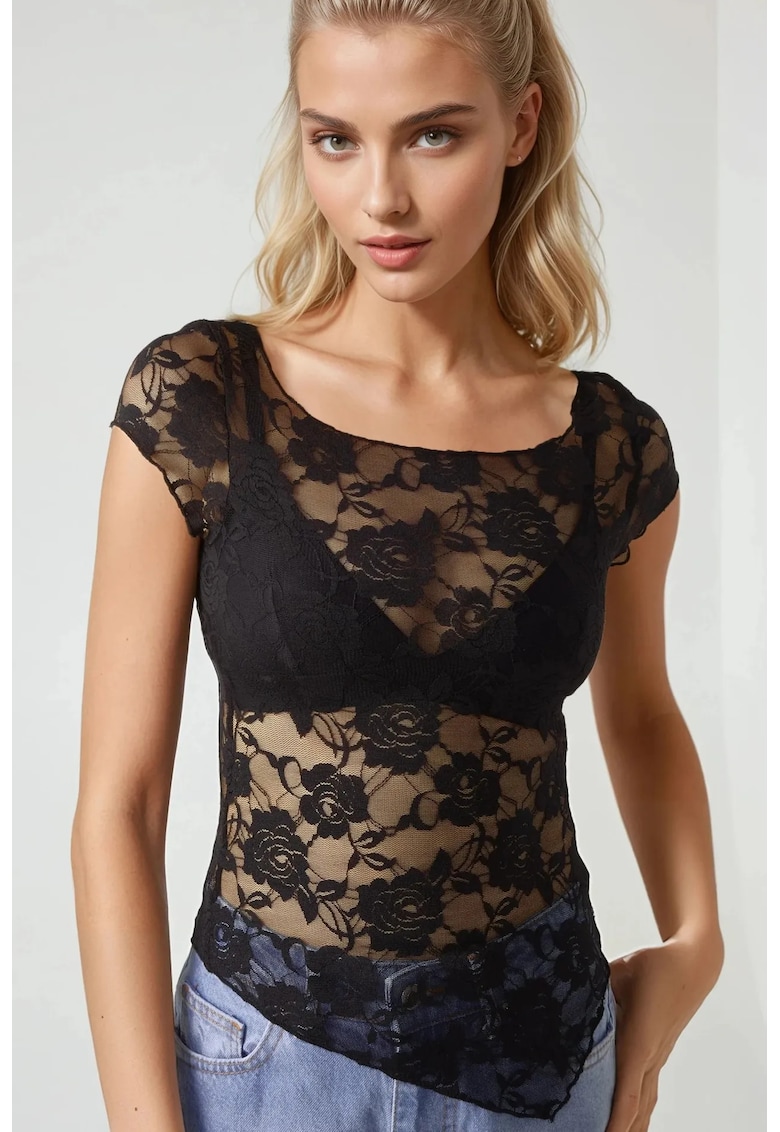 Top scurt - dantela florala - negru - jerseu