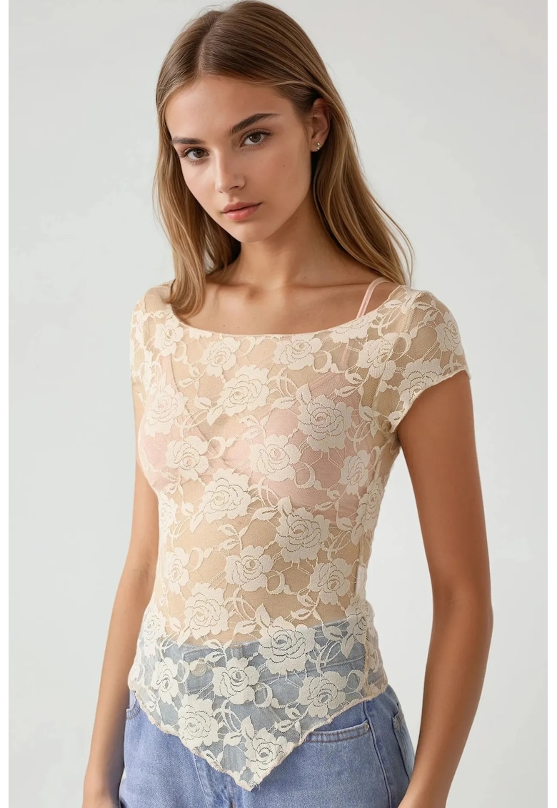 Top scurt dama - dantela florala - slim fit - bej - jerseu