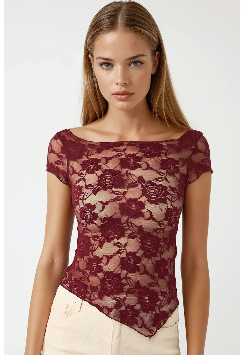 Top scurt dama - dantela florala - rosu - jerseu