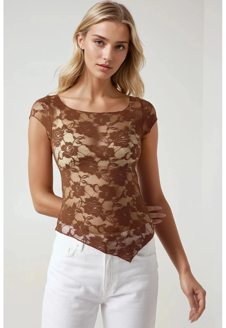 Top scurt - dantela florala - slim fit - maro - jerseu