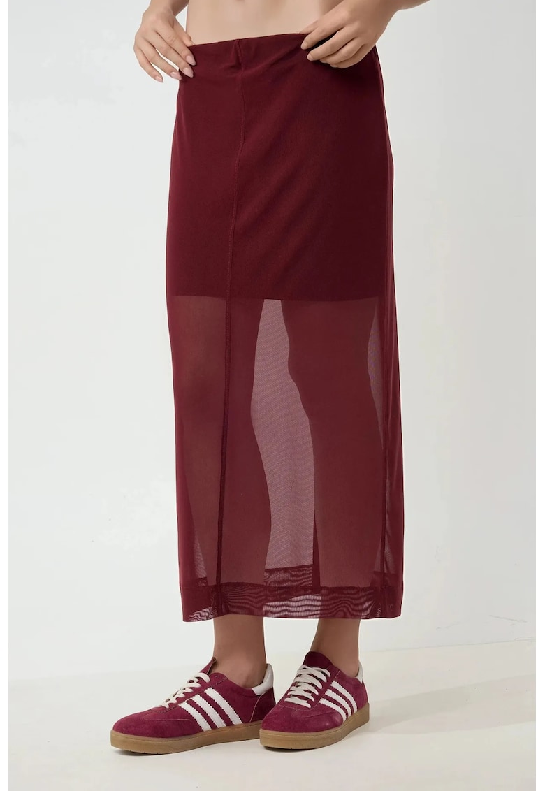 Fusta midi dama - bumbac/poliester/dantela - talie inalta - rosu