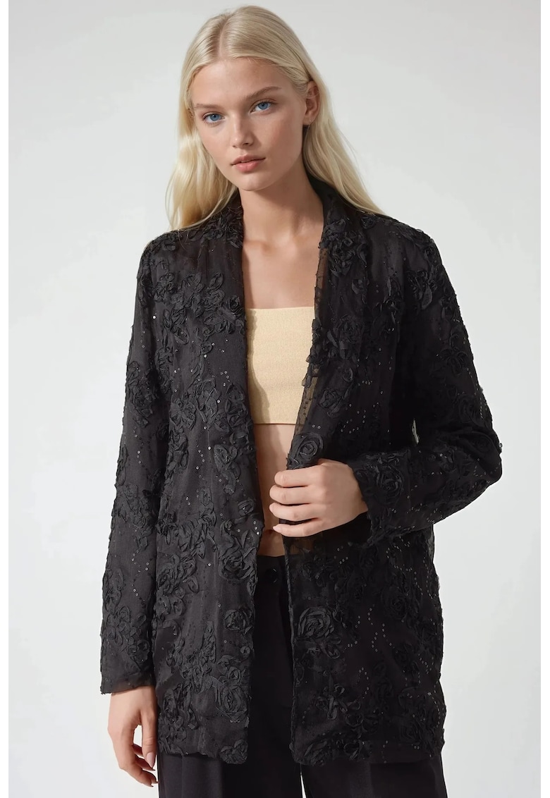Sacou dama - lung - model floral - negru - poliester