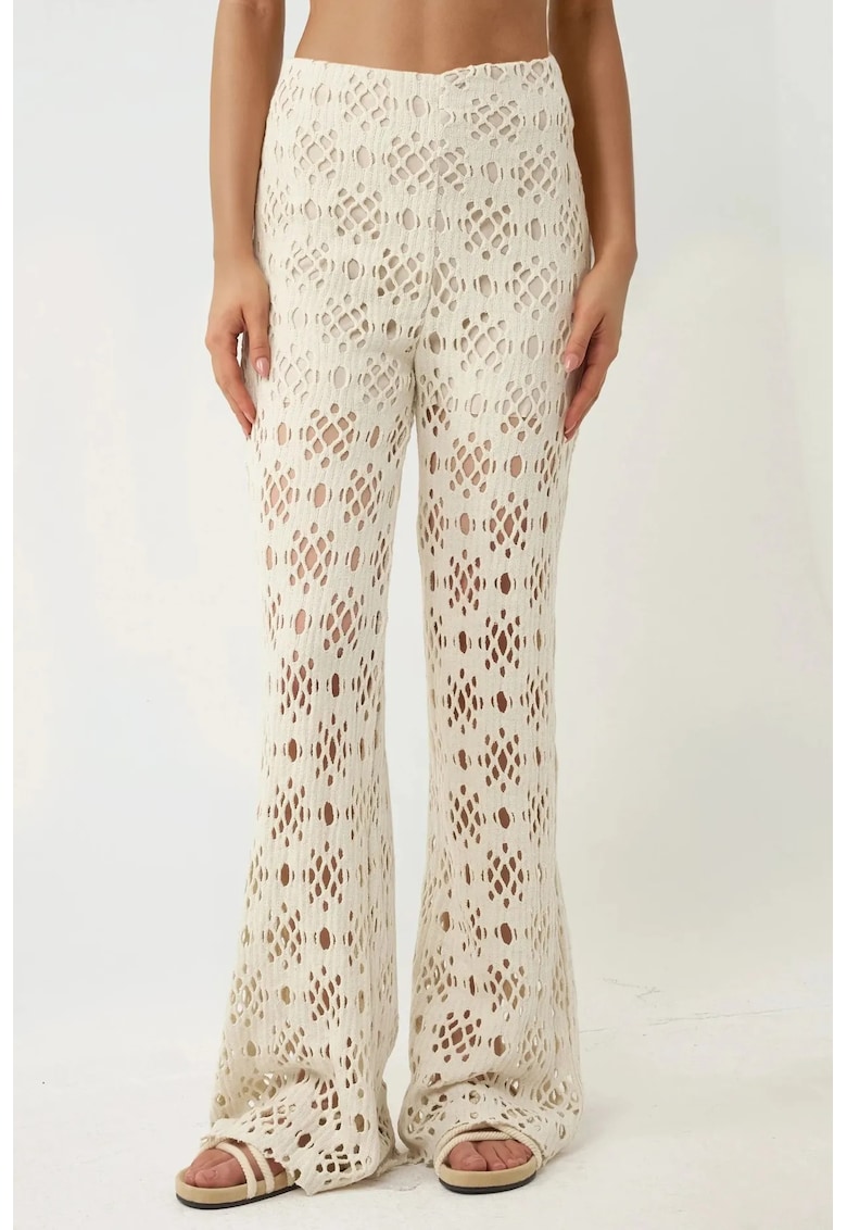 Pantaloni dama -  colectia Pika - largi cu decupaje - natural - tricot