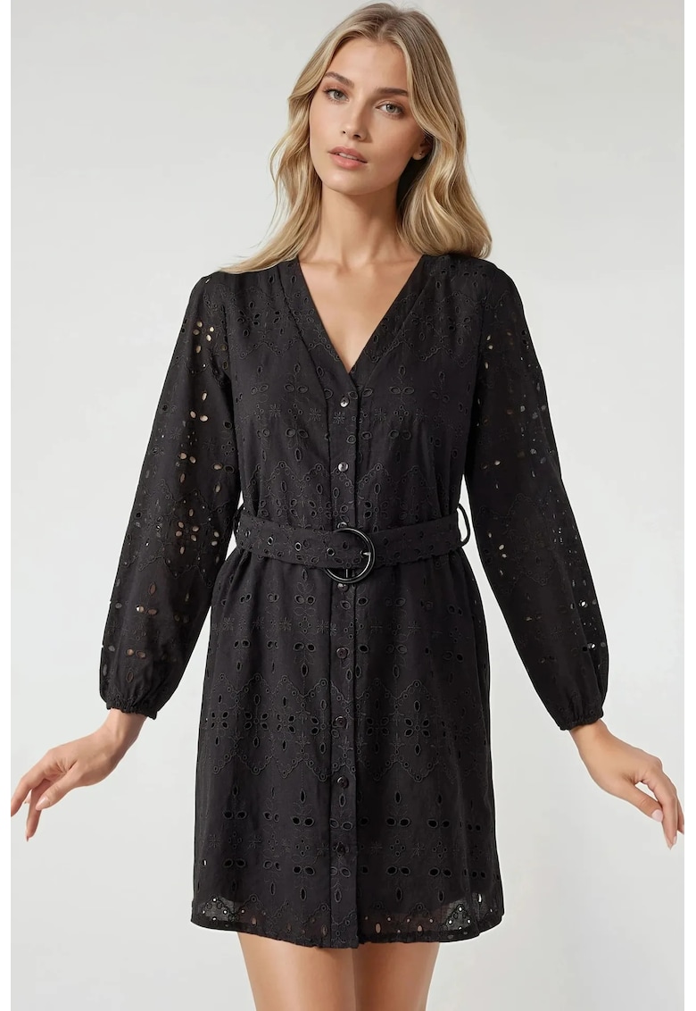 Rochie mini -  cu decolteu in V - maneci lungi - neagra - bumbac