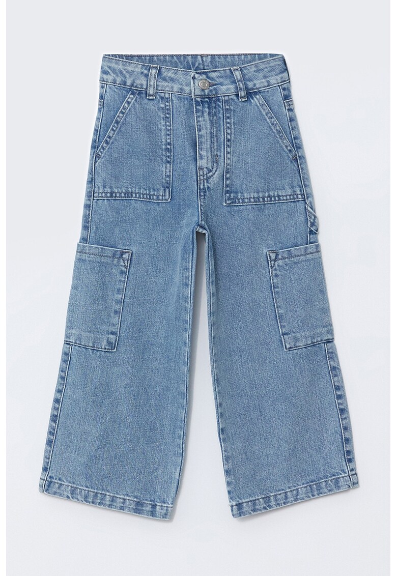 Blugi cu croiala ampla si terminatie franjurata - Albastru melange