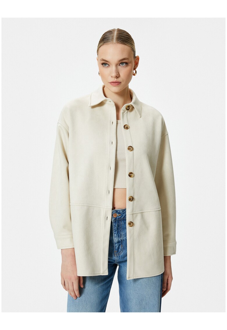 Jacheta-camasa de piele intoarsa ecologica cu guler ascutit