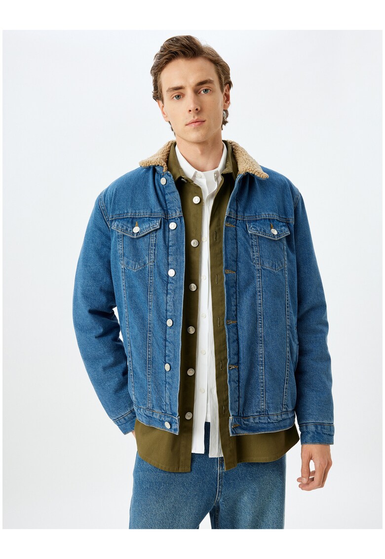 Jacheta din denim cu guler din material teddy