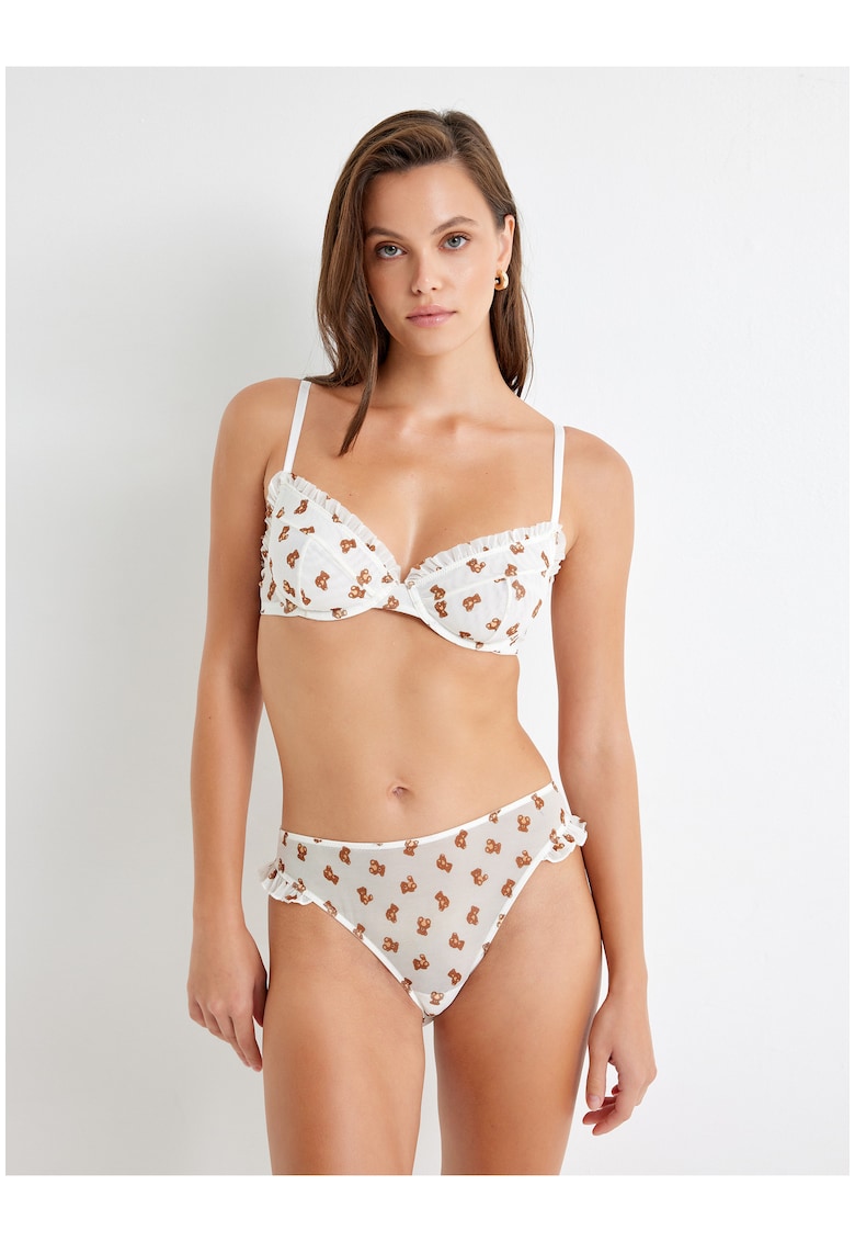 Sutien cu imprimeu ursulet si captuseala de dantela - Ecru