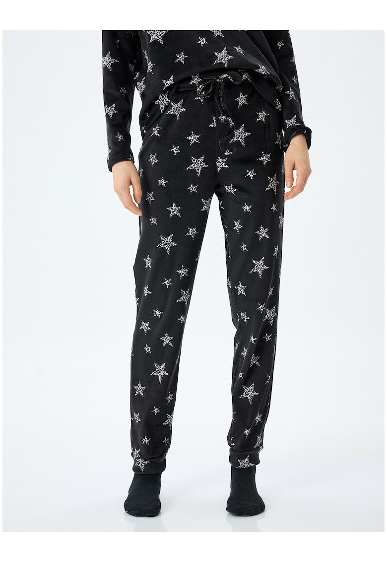 Pantaloni de pijama din fleece cu snur si model cu stele