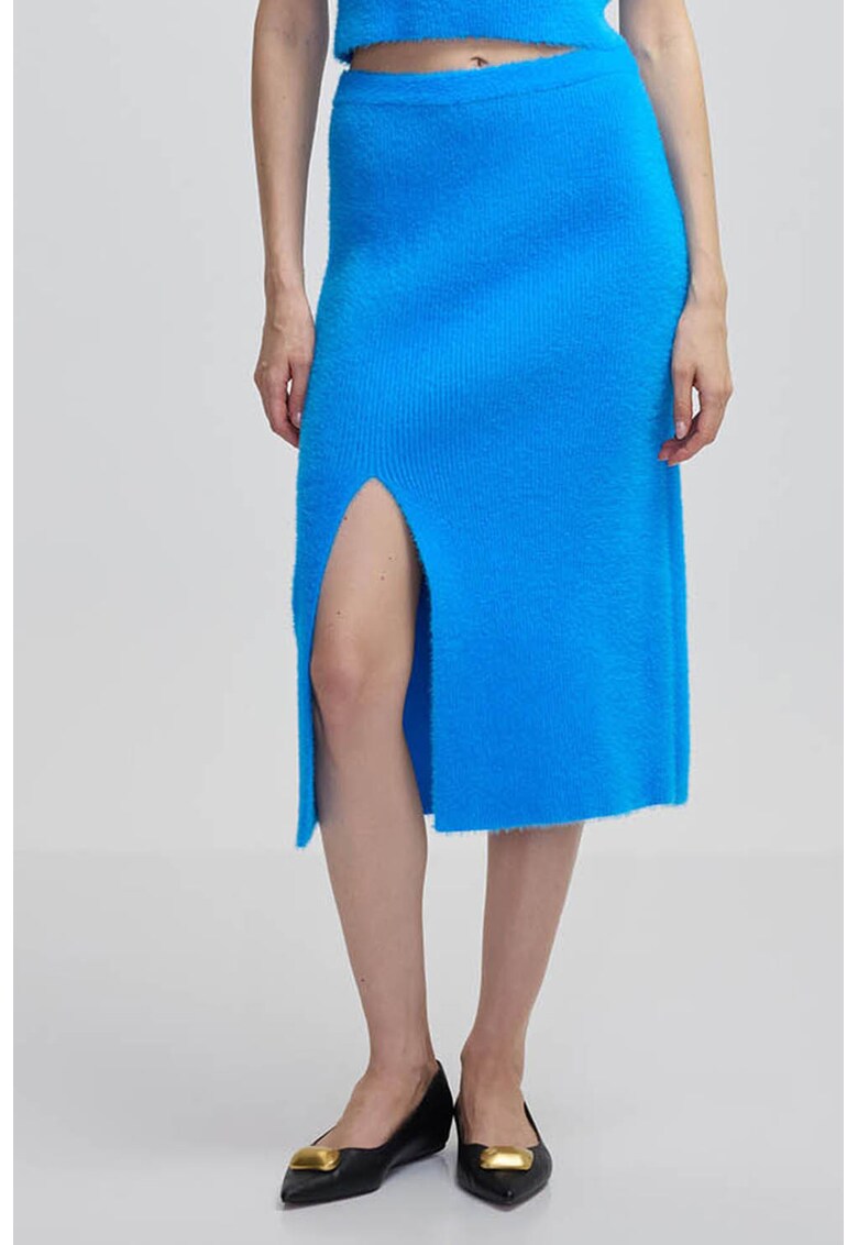 Fusta midi pufoasa cu slit lateral - Albastru royal