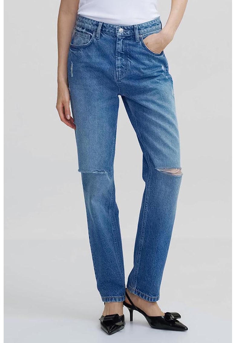 Blugi drepti cu talie medie si rupturi decorative
