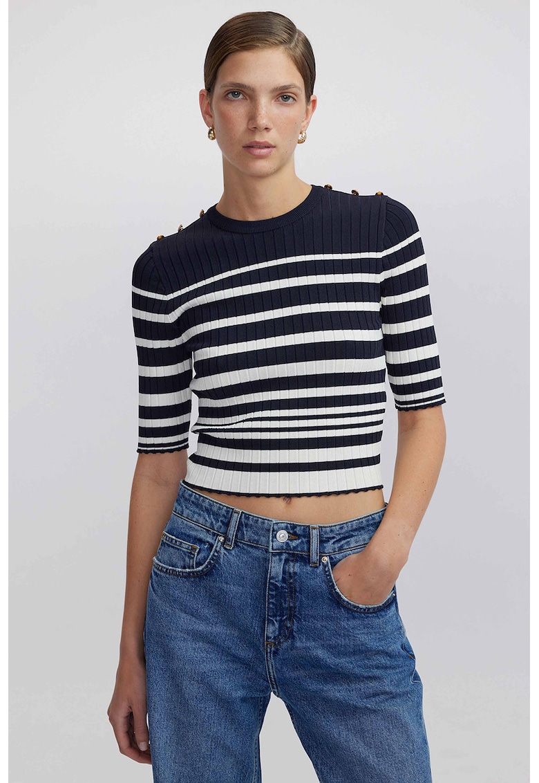 Pulover crop cu nasturi decorativi si dungi