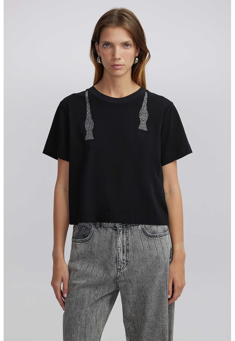 Tricou lejer din amestec de bumbac cu aplicatii din strasuri