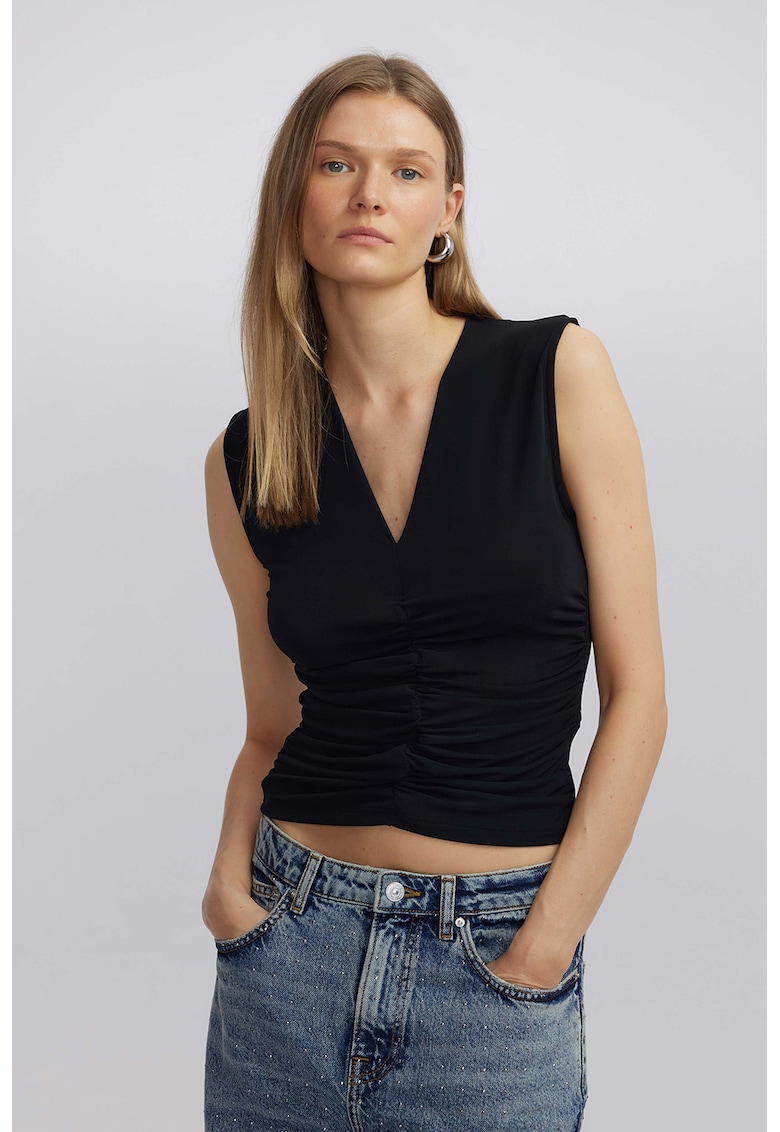 Bluza crop cu decolteu in V - Negru