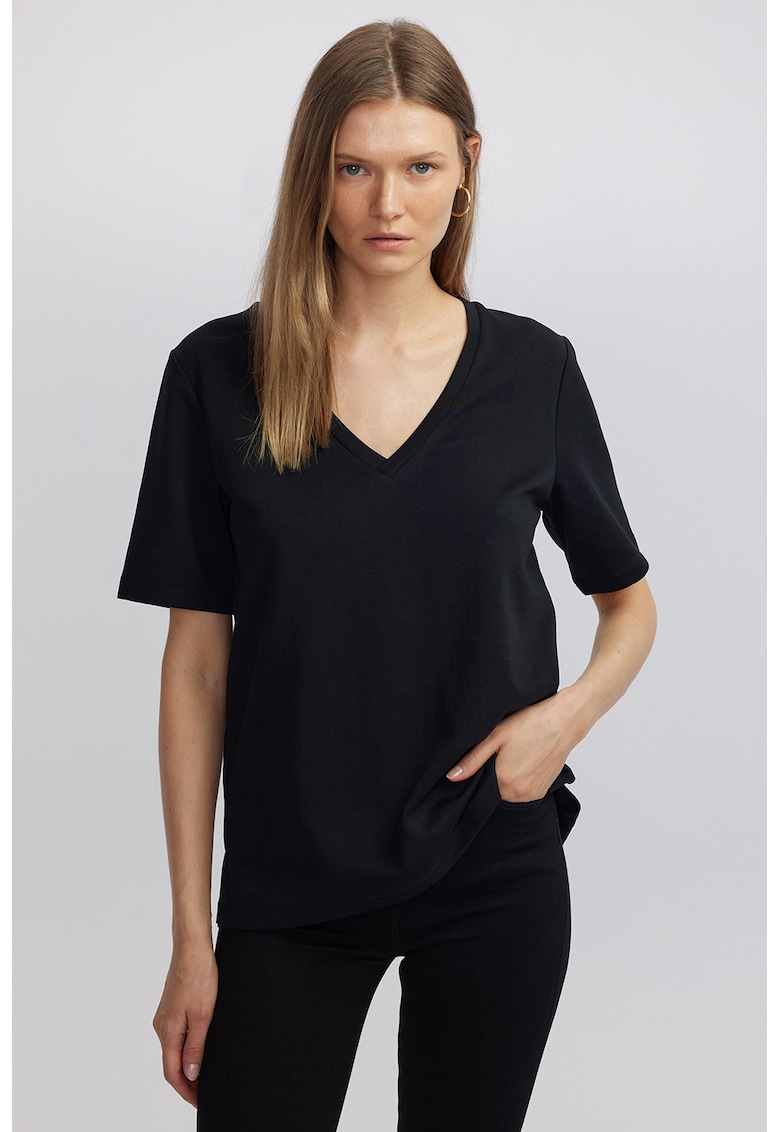 Tricou lejer din amestec de bumbac cu decolteu in V