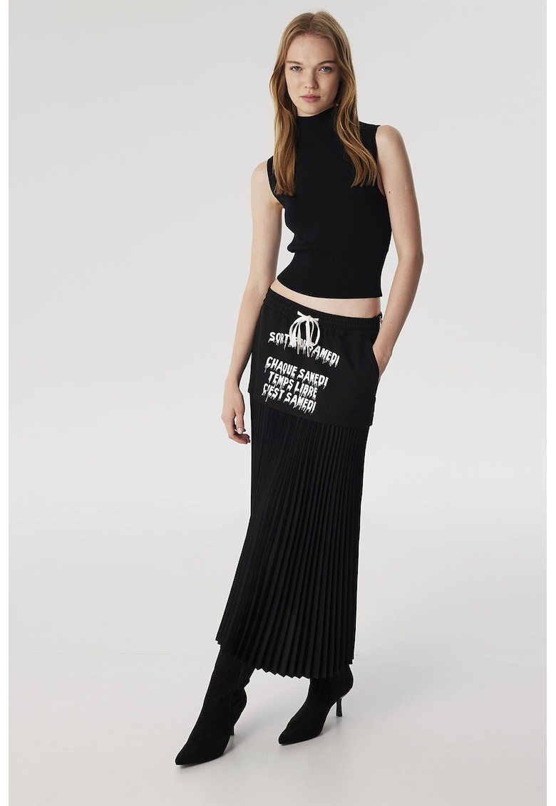 Fusta cu pliuri si imprimeu text