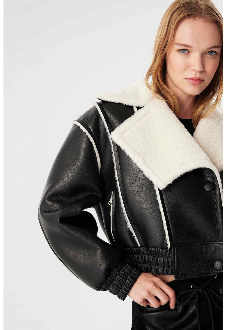 Palton crop de piele ecologica - Negru/Alb murdar