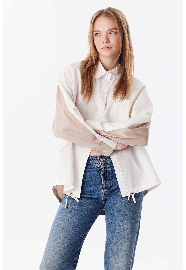 Camasa din bumbac cu buzunat pe piept - Alb/Maro taupe