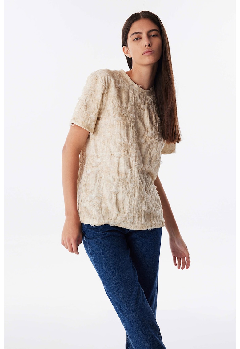 Tricou texturat cu decolteu la baza gatului - Kaki