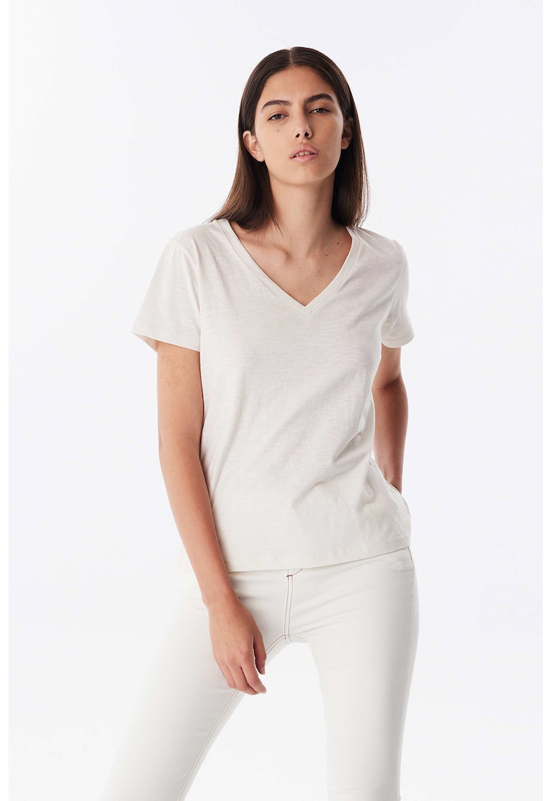 Tricou lejer cu decolteu in V - Alb fildes
