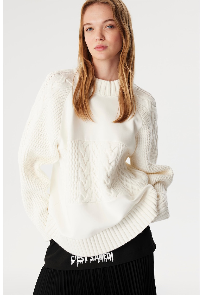 Pulover cu decolteu la baza gatului si model torsade - Alb murdar
