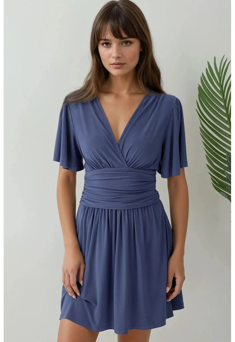Rochie mini - maneca scurta - decolteu in V - albastru - jerseu