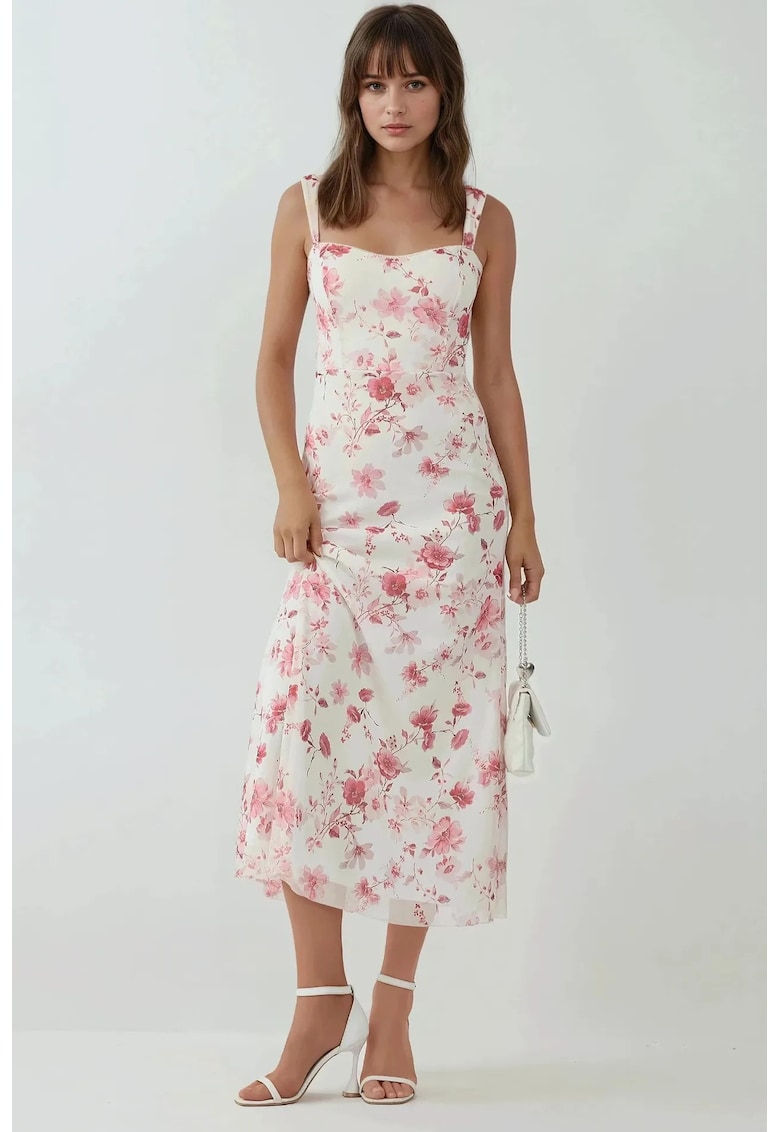 Rochie maxi - imprimeu - guler cu inima - multicolor - tul