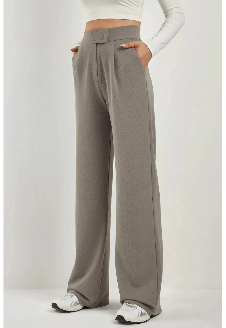 Pantaloni dama -  Palazzo din crep elastic - talie inalta - gri