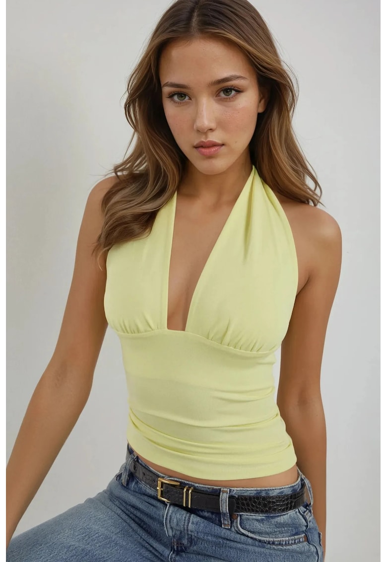 Top dama -  tricotat slim fit - decolteu in V - galben - jerseu
