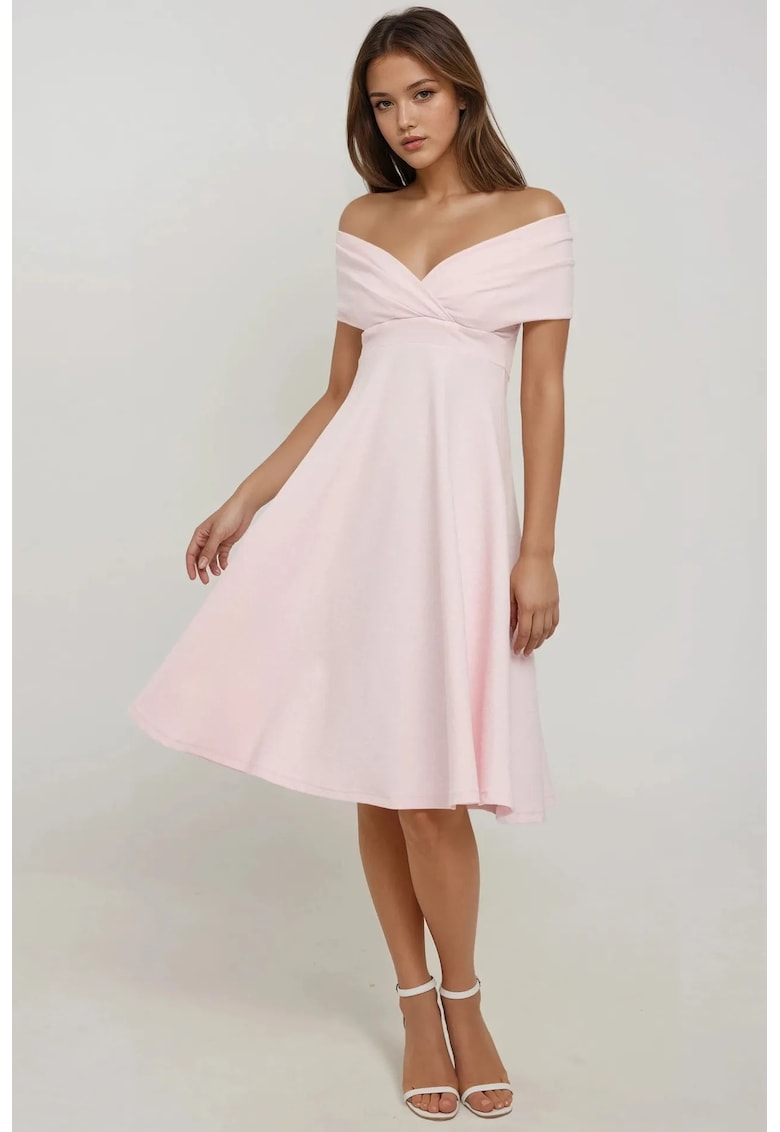 Rochie midi - decolteu tip barca - roz - textil