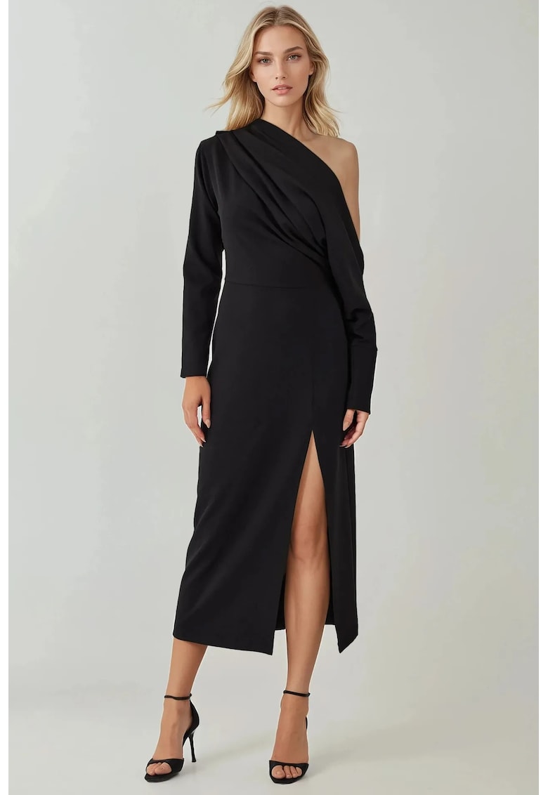 Rochie midi - mulata - guler asimetric - crapatura - jerseu Rochie midi - mulata - guler asimetric - crapatura - jerseu