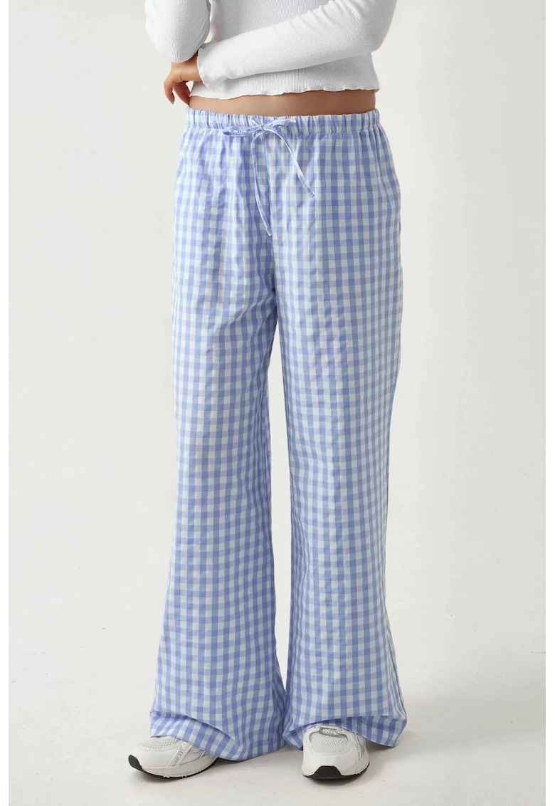Pantaloni dama - pantaloni largi in carouri - albastru - textil