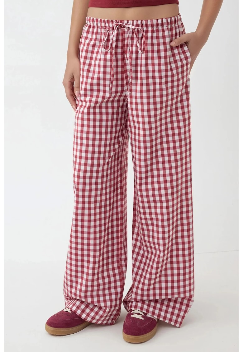 Pantaloni dama - largi in carouri - rosu - textil