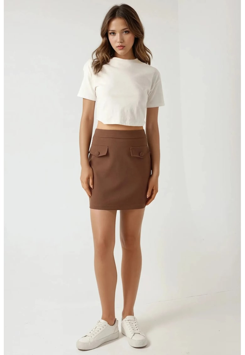 Fusta mini - colectia Pika - buzunare false - maro - textil
