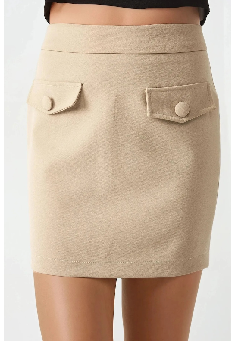 Fusta mini -  cu buzunare false - bej - poliester