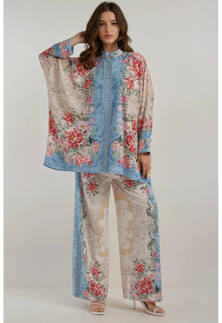 Set coordonat -  imprimeu floral - talie inalta - croiala larga - multicolor - textil