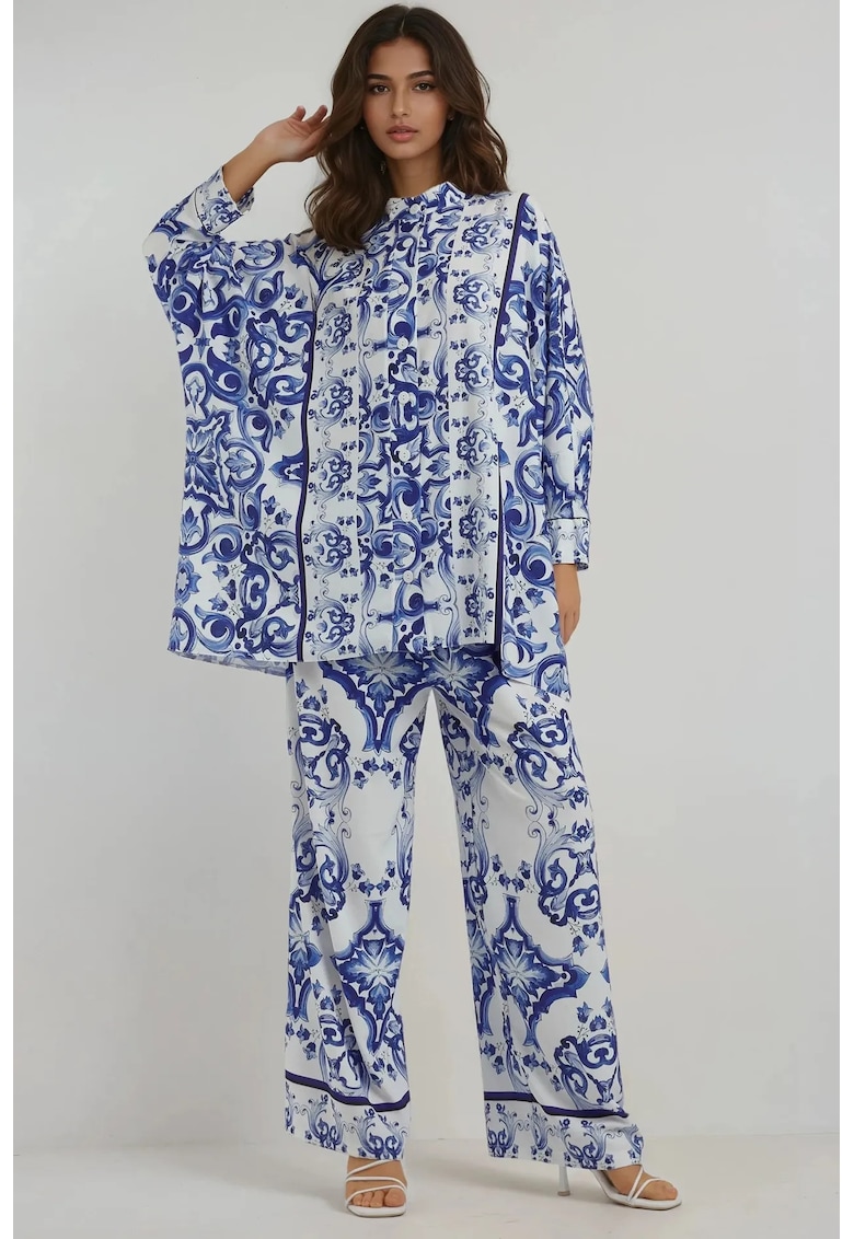 Set doua piese  model floral - talie inalta - croiala larga - albastru - textil