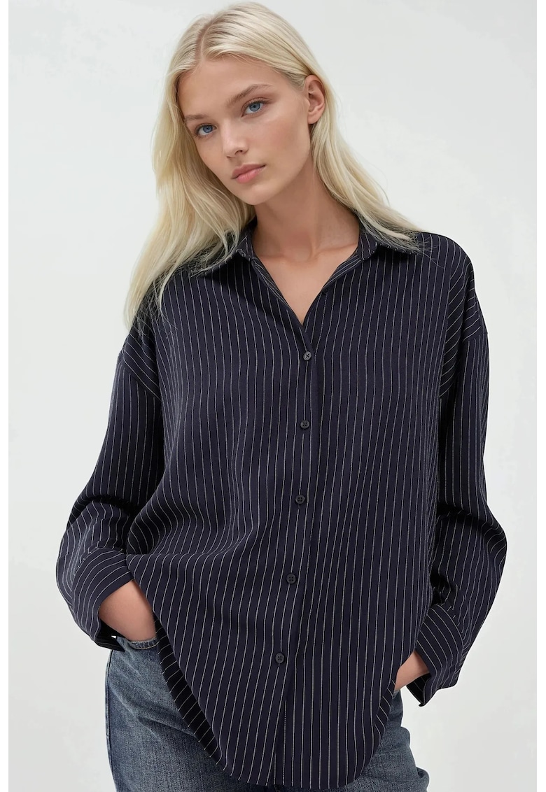 Camasa dama -  camasa cu dungi - bleumarin - material textil