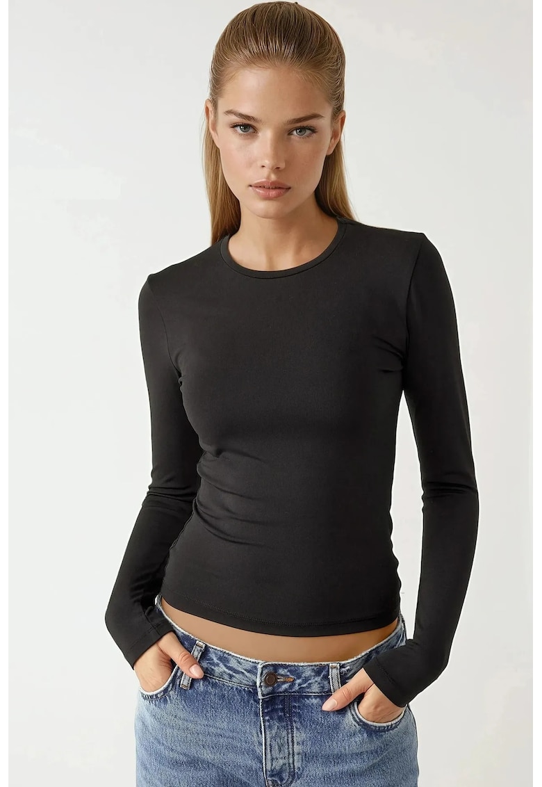 Bluze dama - bluza cu maneca lunga - guler rotund - negru - jerseu