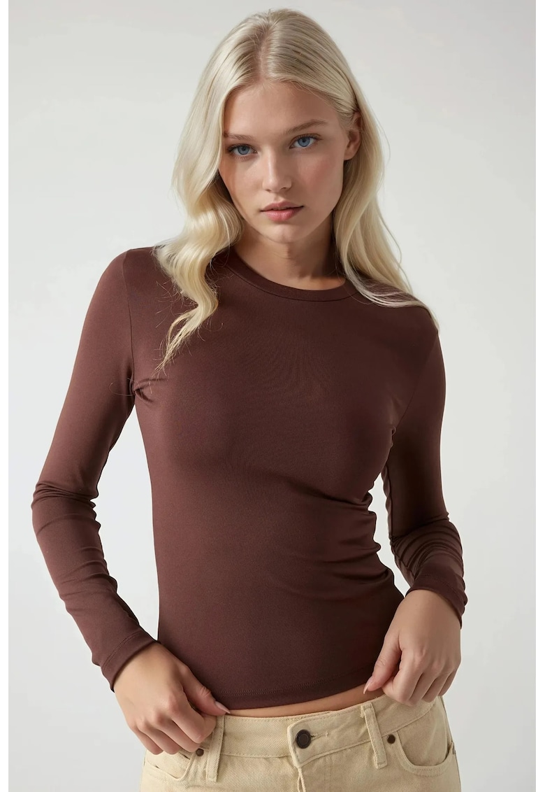 Bluza dama - slim fit - maneca lunga - guler rotund - maro - jerseu